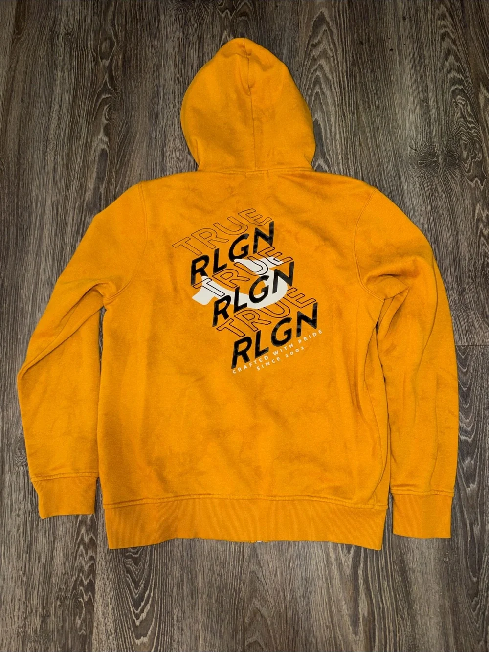 True Religion Vintage yellow zip up hoodie with black logo size L